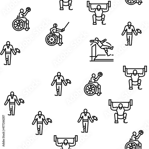 Handicapped Athlete Sport Game Vector Seamless Pattern Thin Line Illustration