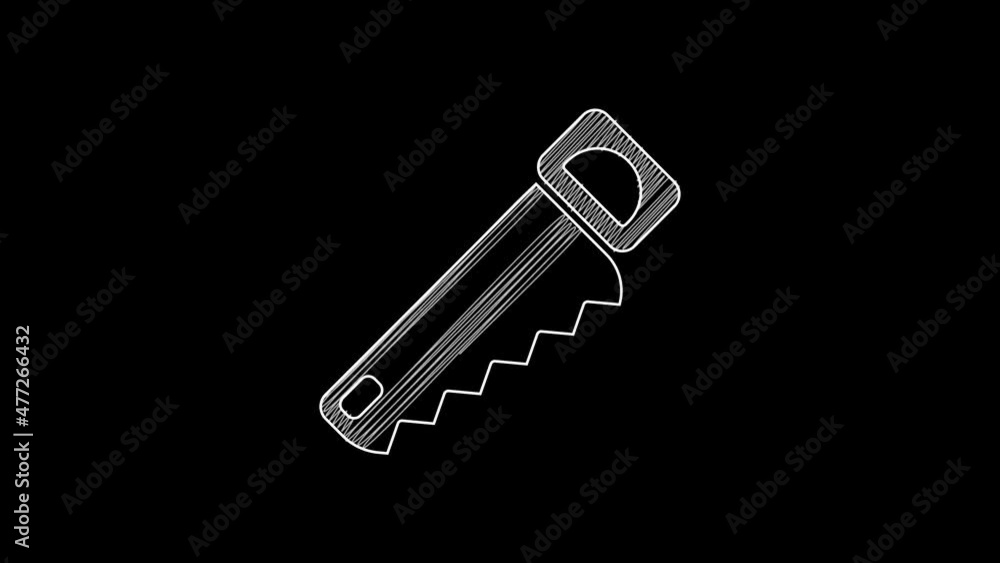 White line Hand saw icon isolated on black background. 4K Video motion graphic animation White line Hand saw icon isolated on black background. 4K Video motion graphic animation