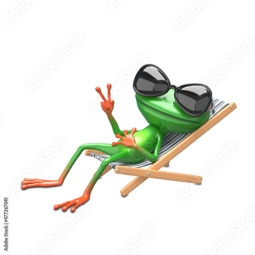 3D Illustration of a Green Frog in a Deck Chair and Glasses