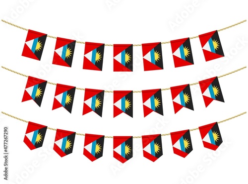 Antigua and Barbuda flag on the ropes on white background. Set of Patriotic bunting flags. Bunting decoration of Antigua and Barbuda flag