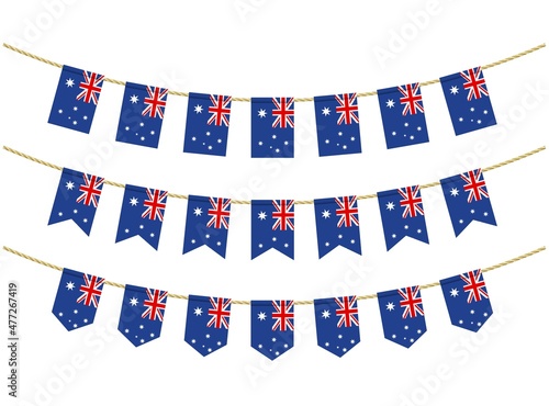 Australia flag on the ropes on white background. Set of Patriotic bunting flags. Bunting decoration of Australia flag