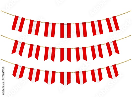 Austria flag on the ropes on white background. Set of Patriotic bunting flags. Bunting decoration of Austria flag