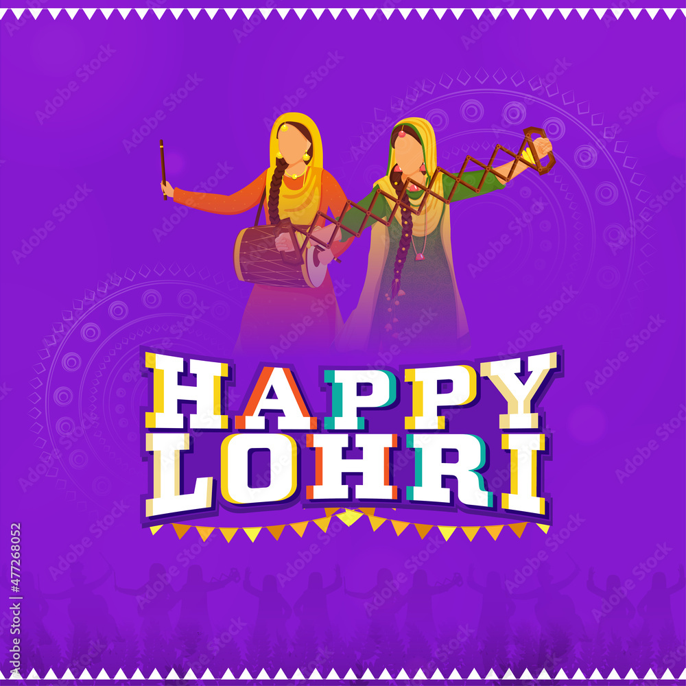 Sticker Style Happy Lohri Font With Punjabi Young Women Playing Dhol, Sapp Instrument On Purple Mandala Pattern Background. Sticker Style Happy Lohri Font With Punjabi Young Women Playing Dhol, Sapp Instrument On Purple Mandala Pattern Background.