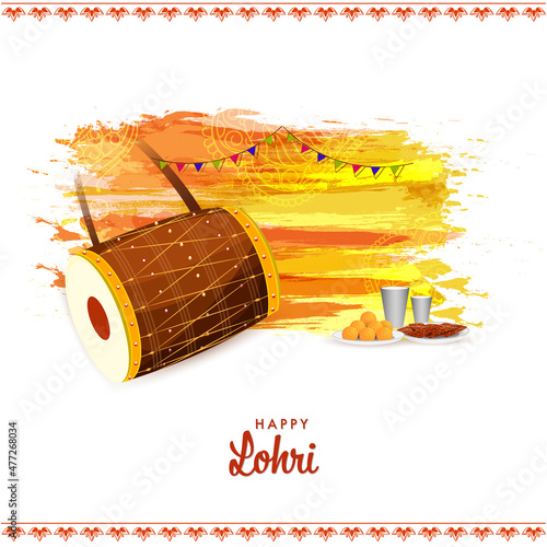 Happy Lohri Celebration Concept With Dhol (Drum) Instrument, Lassi Glasses, Indian Sweet (Laddu), Chikki Plate And Yellow Brush Effect On White Background.