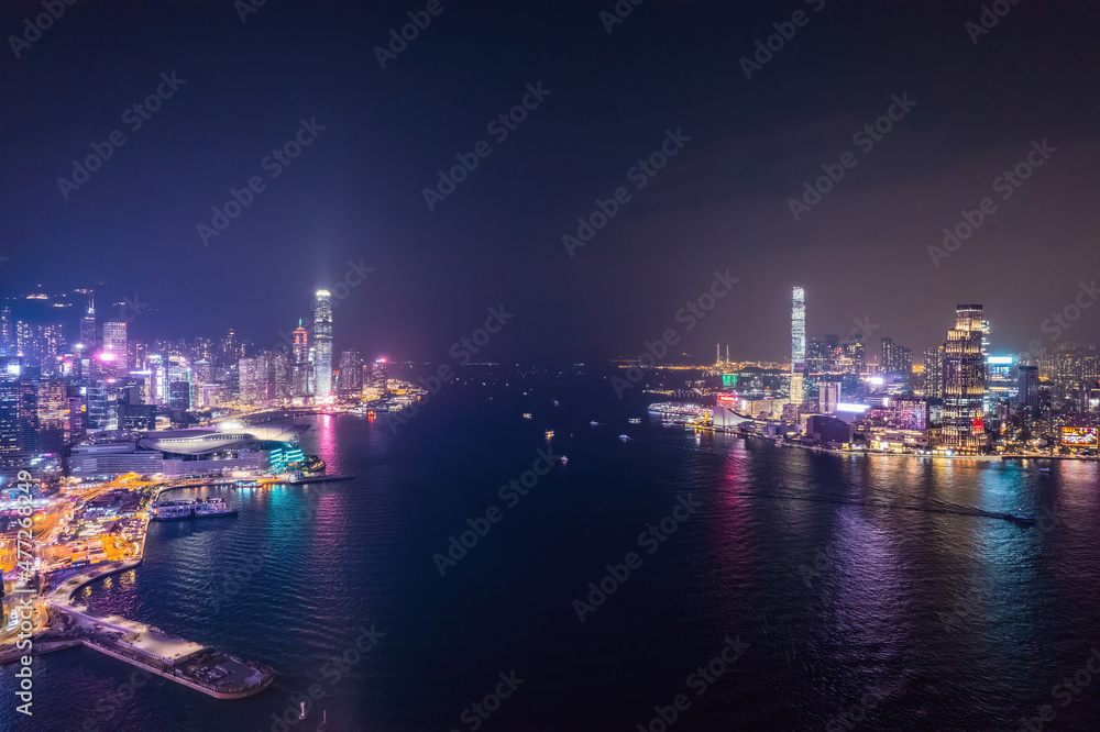 cyberpunk mood of the nightscape of Victoria Harbour, Hong Kong, panorama