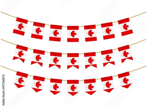 Canada flag on the ropes on white background. Set of Patriotic bunting flags. Bunting decoration of Canada flag