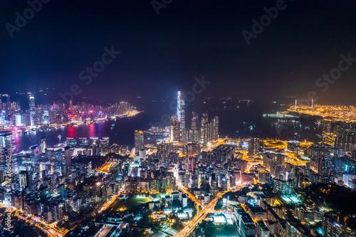 cyberpunk mood of the nightscape of Kowloon downtown area, Hong Kong, panorama © gormakuma