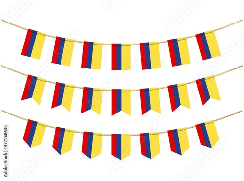 Colombia flag on the ropes on white background. Set of Patriotic bunting flags. Bunting decoration of Colombia flag