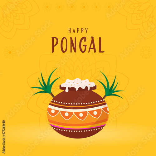 Happy Pongal Celebration Poster Design With Traditional Dish  Rice  In Mud Pot And Sugarcane On Yellow Mandala Pattern Background.