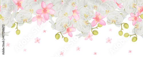 Hand drawn border of white orchid and pink plumeria flowers . Seamless horizontal watercolor wedding pattern. Background for invitation and greeting cards with orchids and frangipani.