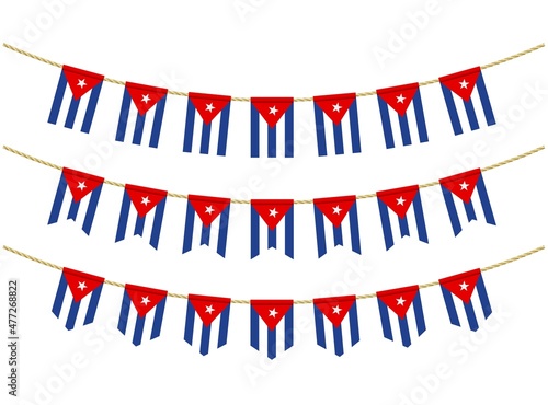 Cuba flag on the ropes on white background. Set of Patriotic bunting flags. Bunting decoration of Cuba flag