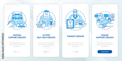 Health related support groups blue onboarding mobile app screen. Therapy walkthrough 4 steps graphic instructions pages with linear concepts. UI, UX, GUI template. Myriad Pro-Bold, Regular fonts used