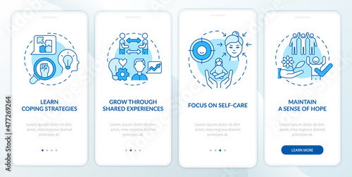 Support group advantages blue onboarding mobile app screen. Self care walkthrough 4 steps graphic instructions pages with linear concepts. UI, UX, GUI template. Myriad Pro-Bold, Regular fonts used