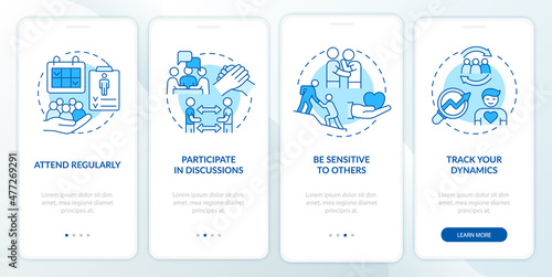 Effective support group visits onboarding mobile app screen. Empathy walkthrough 4 steps graphic instructions pages with linear concepts. UI, UX, GUI template. Myriad Pro-Bold, Regular fonts used