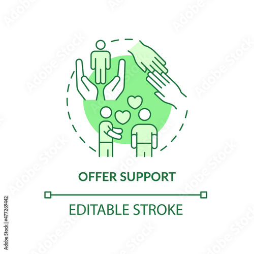 Offer support green concept icon. Therapeutic activity abstract idea thin line illustration. Sincere encouragement. Isolated outline drawing. Editable stroke. Roboto-Medium, Myriad Pro-Bold fonts used