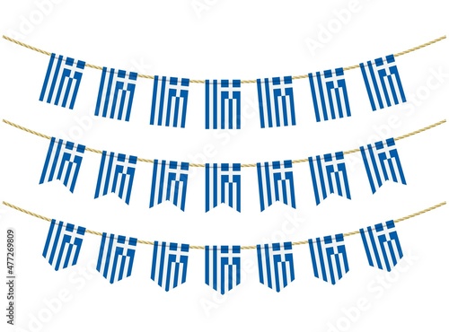 Greece flag on the ropes on white background. Set of Patriotic bunting flags. Bunting decoration of Greece flag