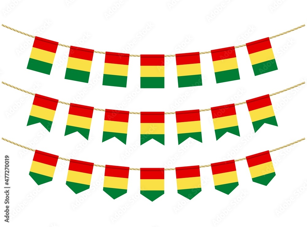 Guinea flag on the ropes on white background. Set of Patriotic bunting flags. Bunting decoration of Guinea flag Guinea flag on the ropes on white background. Set of Patriotic bunting flags. Bunting decoration of Guinea flag