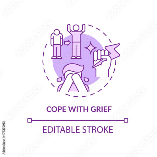 Cope with grief purple concept icon. Experiencing loss through death abstract idea thin line illustration. Isolated outline drawing. Editable stroke. Roboto-Medium, Myriad Pro-Bold fonts used