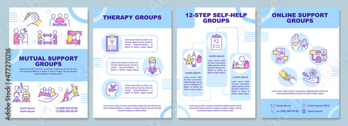 Support groups types brochure template. Online therapy. Booklet print design with linear icons. Vector layouts for presentation, annual reports, ads. Arial-Black, Myriad Pro-Regular fonts used