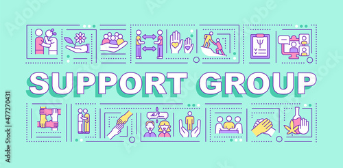 Support group word concepts mint banner. Treatment program. Infographics with linear icons on background. Isolated typography. Vector color illustration with text. Arial-Black font used