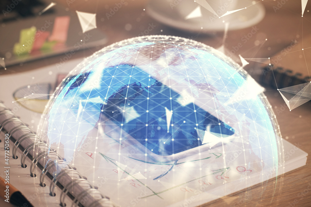Double exposure of financial theme drawing and cell phone background. Concept of business Double exposure of financial theme drawing and cell phone background. Concept of business
