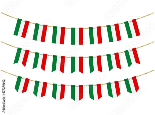 Hungary flag on the ropes on white background. Set of Patriotic bunting flags. Bunting decoration of Hungary flag
