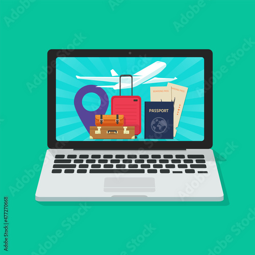 Online travel trip on computer vector or journey vocation flight on laptop screen concept flat cartoon illustration, digital pc with passport and tickets, airplane luggage or baggage