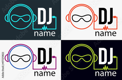 Dj Logo Design. Creative vector logo design with headphones and DJ with glasses. Music logotype template. For accessory, brand, identity, logotype, company, shop, dj party. Black background. Mp3 sign.
