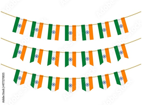 India flag on the ropes on white background. Set of Patriotic bunting flags. Bunting decoration of India flag