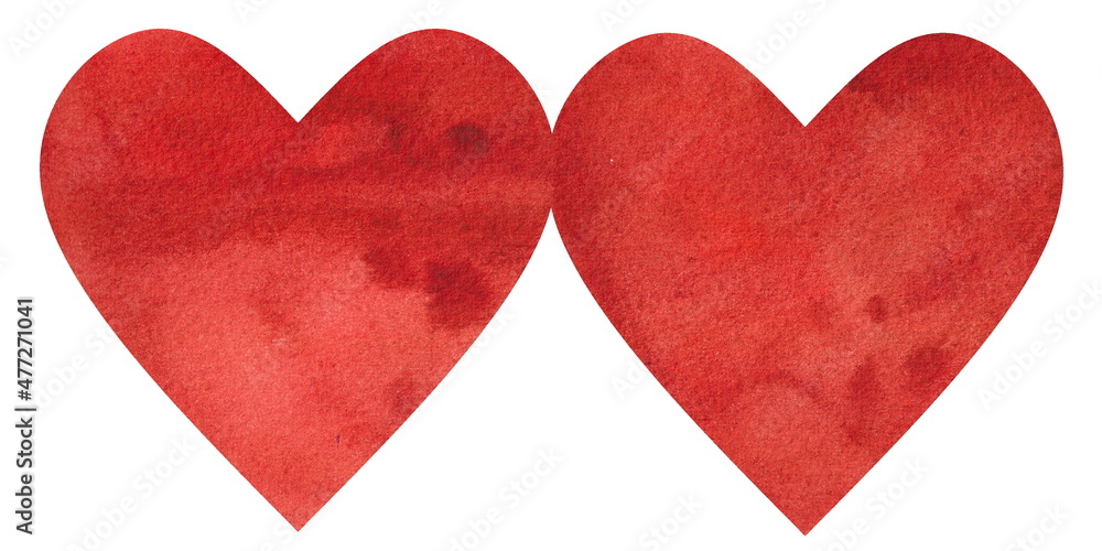 Watercolor illustration. Two red hearts of watercolor texture, isolated on a white background. Valentine's day greeting card.
