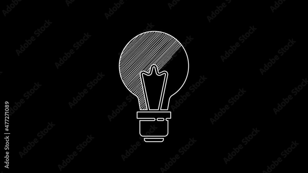 White line Light bulb with concept of idea icon isolated on black background. Energy and idea symbol. Inspiration concept. 4K Video motion graphic animation