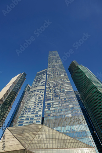 Skyscrapers in the business center  financial district  sunny day  blue sky  empty space  Moscow city  Russia.