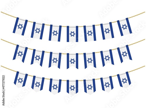 Israel flag on the ropes on white background. Set of Patriotic bunting flags. Bunting decoration of Israel flag