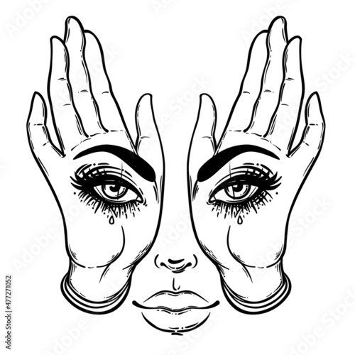 Mysterious creature with eyes on the hands. Hand drawn illustration. Occult d...