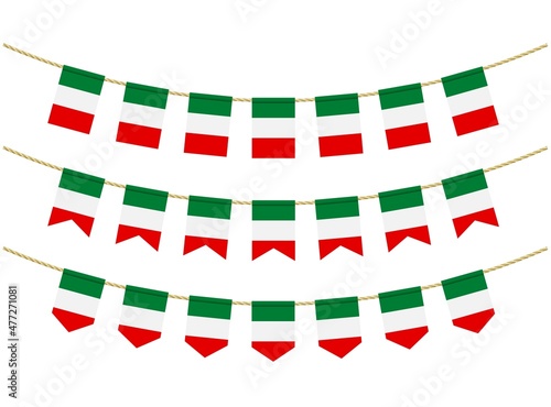 Italy flag on the ropes on white background. Set of Patriotic bunting flags. Bunting decoration of Italy flag