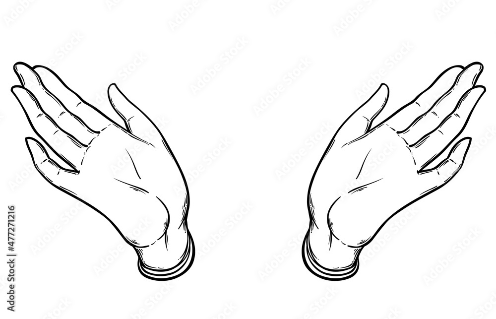 Obraz premium Open hands. Hand drawn illustration. Occult design vector illustration. Dotwork ink tattoo flash design. Vector isolated on white. Astrology, Sacred Spirit.