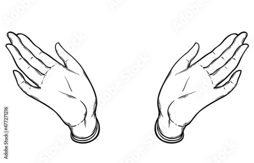 Open hands. Hand drawn illustration. Occult design vector illustration. Dotwork ink tattoo flash design. Vector isolated on white. Astrology, Sacred Spirit.