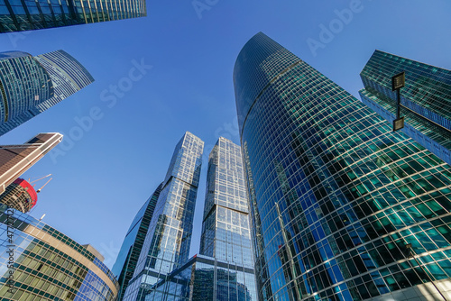 Skyscrapers in the business center, financial district, sunny day, blue sky, empty space, Moscow city, Russia. © KSENIYA