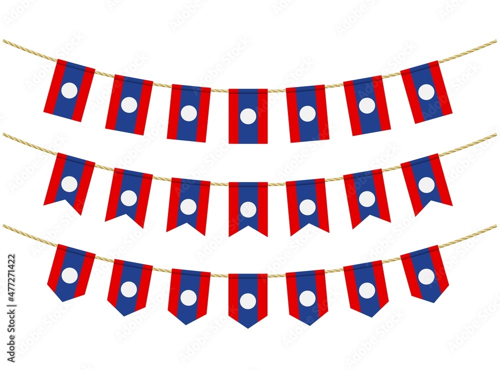 Fototapeta premium Laos flag on the ropes on white background. Set of Patriotic bunting flags. Bunting decoration of Laos flag