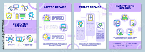 Repair services brochure template. Laptop and pc. Booklet print design with linear icons. Vector layouts for presentation, annual reports, ads. Arial-Black, Myriad Pro-Regular fonts used