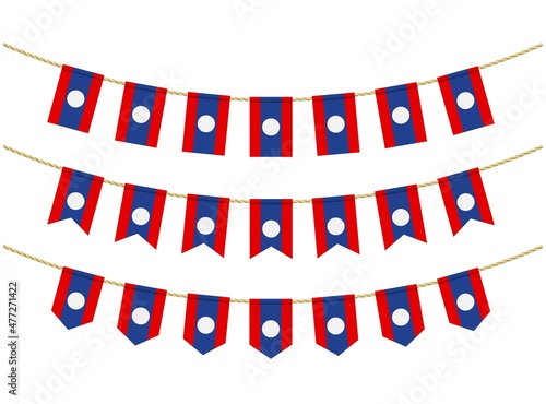 Laos flag on the ropes on white background. Set of Patriotic bunting flags. Bunting decoration of Laos flag