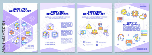 Computer repair services brochure template. Troubleshooting. Booklet print design with linear icons. Vector layouts for presentation, annual reports, ads. Arial-Black, Myriad Pro-Regular fonts used