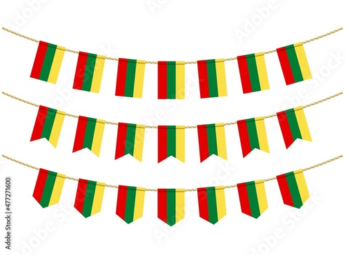 Lithuania flag on the ropes on white background. Set of Patriotic bunting flags. Bunting decoration of lithuania flag