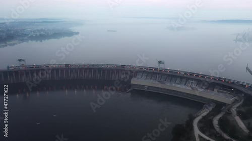 Wallpaper Mural Zaporozhye, Ukraine Hydroelectric water-power plant, city traffic, cars top view flight with drone 4K. Bad ecology Torontodigital.ca