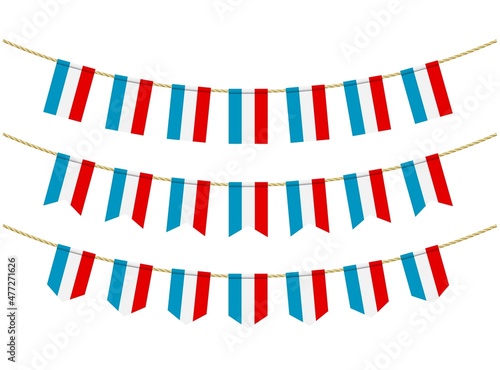 Luxembourg flag on the ropes on white background. Set of Patriotic bunting flags. Bunting decoration of luxembourg flag