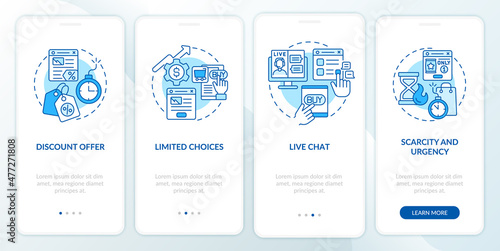 Landing page strategies blue onboarding mobile app screen. Website walkthrough 4 steps graphic instructions pages with linear concepts. UI, UX, GUI template. Myriad Pro-Bold, Regular fonts used