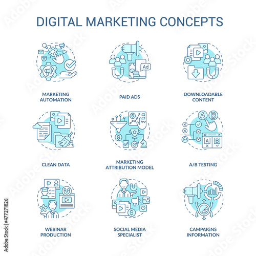 Digital marketing and strategies turquoise concept icons set. Business ads online idea thin line color illustrations. Isolated outline drawings. Roboto-Medium, Myriad Pro-Bold fonts used