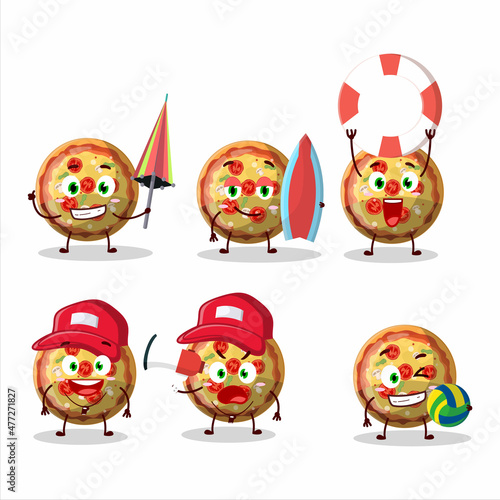 Happy Face pizza gummy candy cartoon character playing on a beach