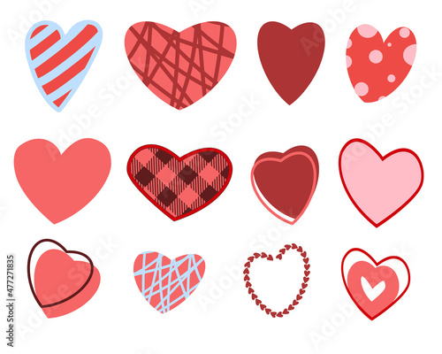 A set of hearts with different textures in red-blue tones. Design element for love concept. Doodle sketches of red heart shape.