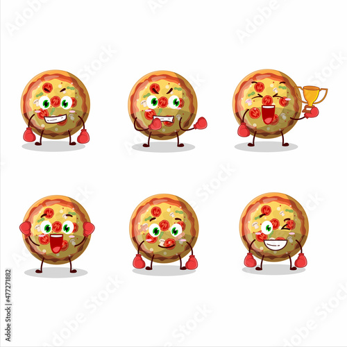 A sporty pizza gummy candy boxing athlete cartoon mascot design